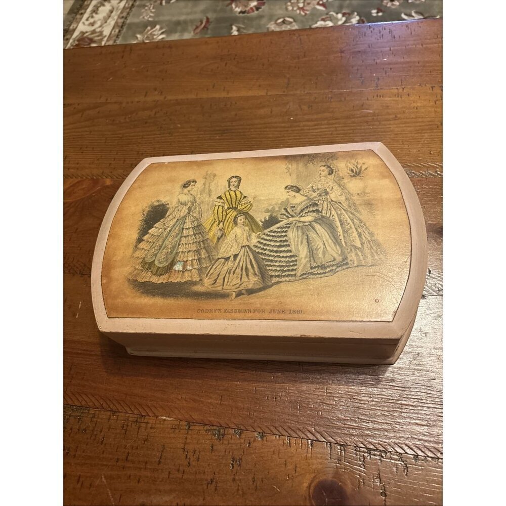 Vintage 1920’s Jewelry Box Wood Godey’s Fashion Label Opens To Vanity Mirror - Picture 2 of 11